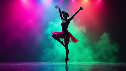 Fototapeta premium Dynamic Dancer Silhouette Against Spectrum Stage Lights