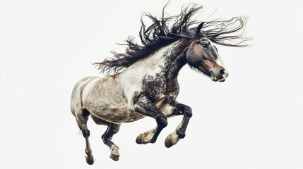 Fototapeta premium A powerful horse leaps against a white background, its mane and tail flowing dynamically.