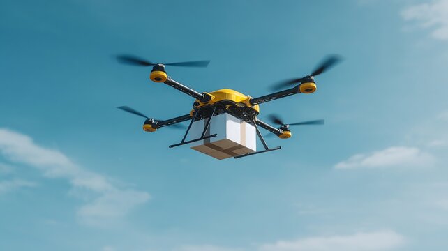 A yellow and black drone is flying in the sky with a box attached to it - Powered by Adobe
