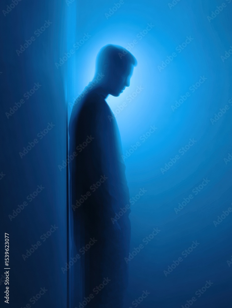 Poster Shadowy Figure Blending Into a Blue Background Conveys a Sense of Isolation and Introspection