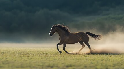 Wild horse running through a meadow with dust trailing behind