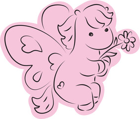 Fototapeta premium cute little flying pony with butterfly wings holding a flower drawn with simple black curved lines and casually colored with pink