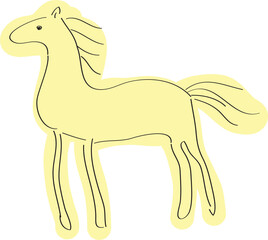 simple drawing of a horse in the form of a rock painting casually colored in yellow, side view, simple black lines drawn by hand