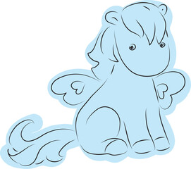 cute little pony with butterfly wings sitting drawn with simple black curved lines and casually colored in blue