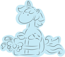 cute unicorn sitting next to gift box drawn with simple black curved lines and casually colored in blue