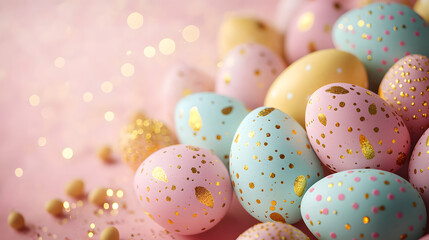 Fototapeta premium Easter themed design featuring pastel-colored eggs, golden details, and a white space for text 