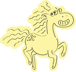 Funny smiling jumping horse, hand drawn with simple black curved lines and casually colored with yellow color