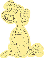 Funny smiling grinning horse with loving eyes sits funny, hand drawn with simple black curved lines and casually colored in yellow