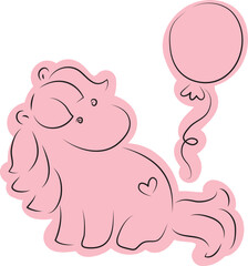 cute little pony sitting and looking at balloon drawn with simple black curved lines and casually colored in pink