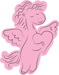 cute funny flying pegasus holding a heart in his hands drawn with simple black curved lines and casually colored with pink color