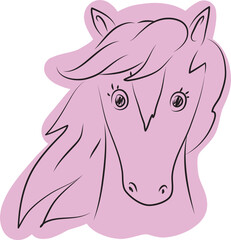 Head of surprised horse looking at camera, outline drawn with brush, hand drawn with simple black curved lines and casually colored in purple