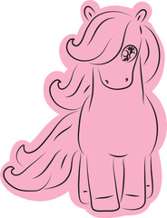 cute beautiful pony standing and looking at camera drawn with simple black curved lines and casually colored with pink color, front view
