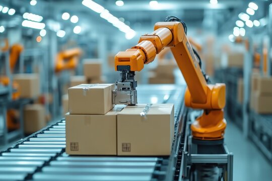 An orange robotic arm automates the packaging process by handling boxes on a conveyor belt in a modern warehouse setting.