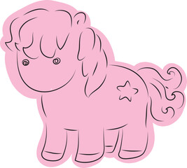 cute little pony with bangs, drawn with simple black curved lines and casually colored in pink