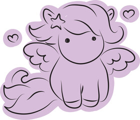 cute little pegasus with wings looking at camera, drawn with simple black curved lines and casually colored in purple