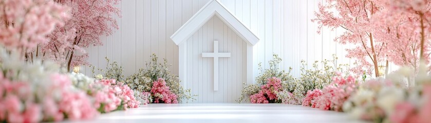 A serene white chapel entrance adorned with blooming pink cherry blossoms and lush floral arrangements under soft natural light.