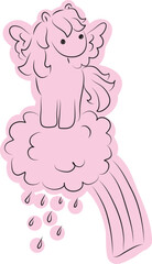 Cute little pegasus with wings standing on a rain cloud with a rainbow, drawn with simple black curved lines and casually colored in pink