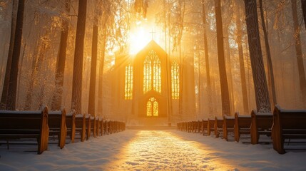 A serene chapel in a snowy forest glows warmly as golden sunlight streams through tall trees at sunrise or sunset.