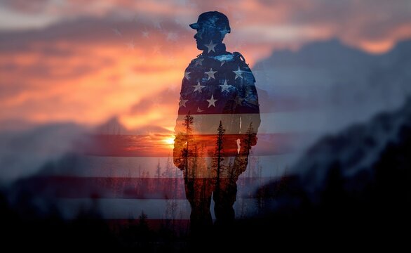 Double exposure Silhouette of Soldier on the United States flag in sunset for Veterans Day is an official USA public holiday background,copy space. High quality - Powered by Adobe