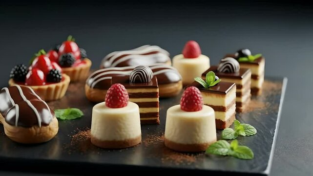 Delicious desserts assortment: &eacute;clairs, cheesecakes, berry tarts, mousse cakes. Ideal for patisserie promotions, restaurant menus, food blogs, catering services, gourmet events. Sweet.