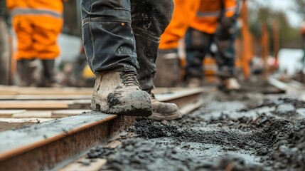 A construction worker's feet in muddy conditions, focused on the task of laying tracks