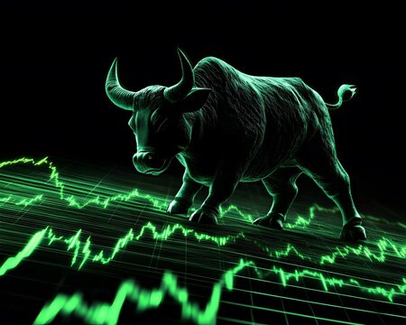 A dynamic graphic representation of a bull symbolizing a strong market trend, set against a digital background of fluctuating green financial graphs.