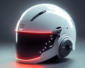 A futuristic white helmet featuring sleek design and illuminated accents. Perfect for concepts related to innovation, safety, and advanced technology in various fields.