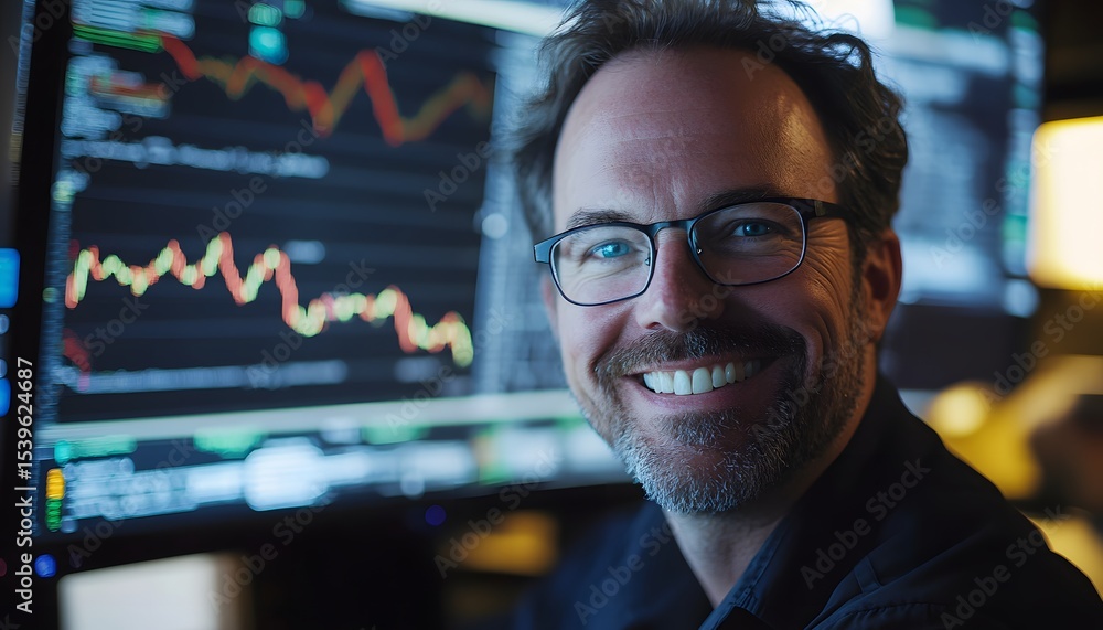 Poster a professional man smiles confidently in a modern office with multiple monitors displaying stock mar