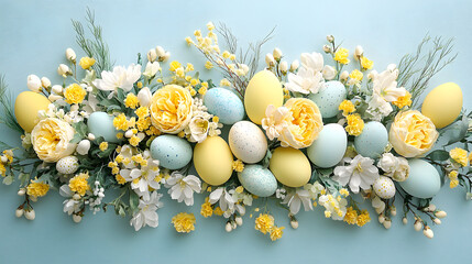 Lovely arrangement of pastel Easter eggs, yellow blossoms, and decorative elements portraying springtime