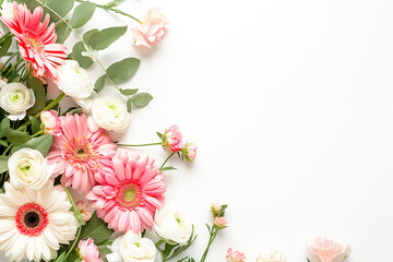 A beautiful bouquet of soft pastel flowers, featuring peonies, roses, and hydrangeas on a light backdrop.