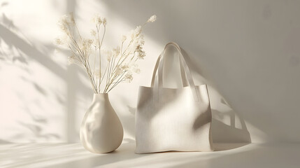 Eco-conscious design featuring a tote bag and vase in serene illumination highlighting simplicity.