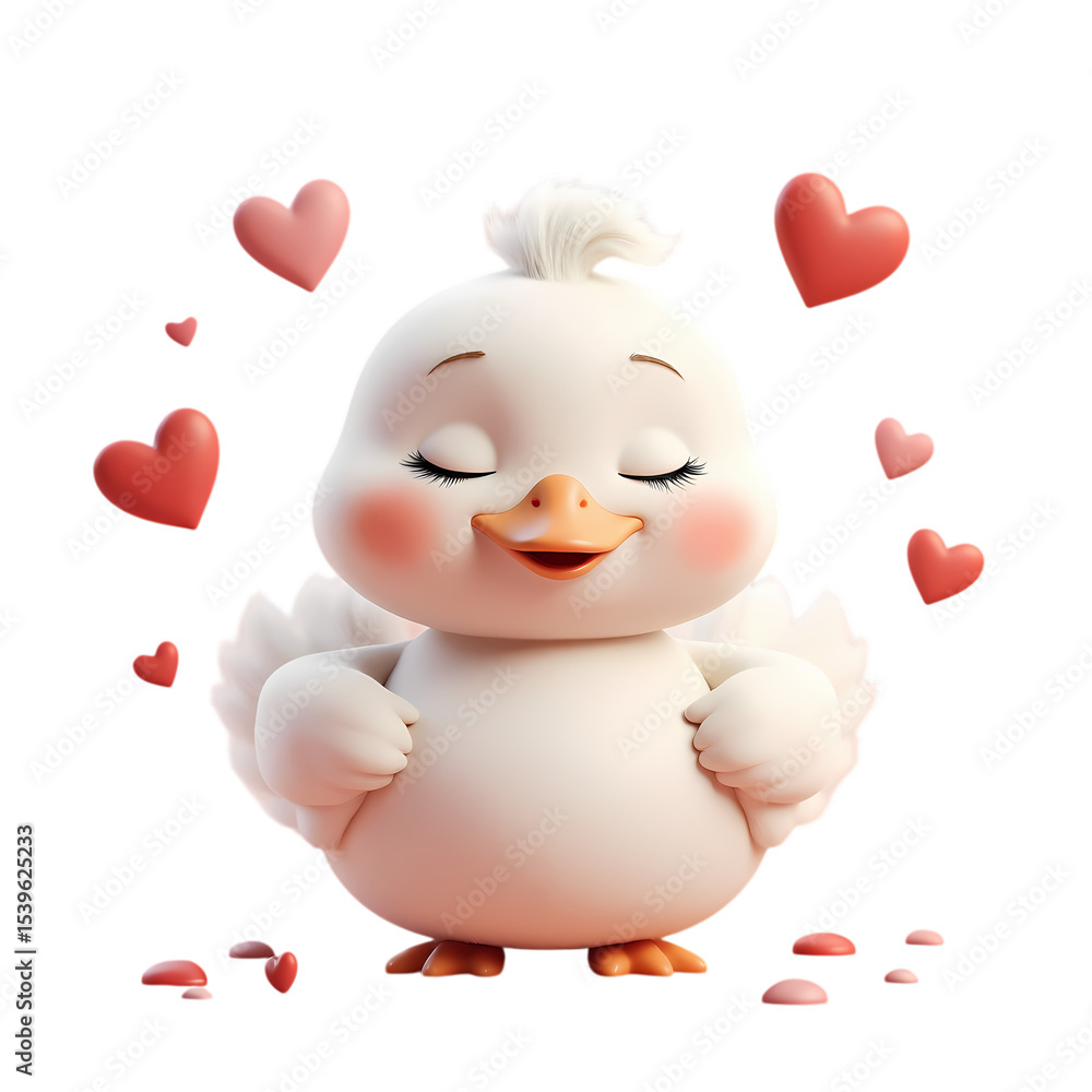 Poster a cute duckling surrounded by floating hearts with eyes closed isolated on transparent background
