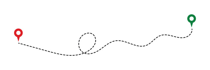 Route location icon, two pin sign and dotted line road, start and end journey symbol, black color vector illustration isolated on white background in eps 10.