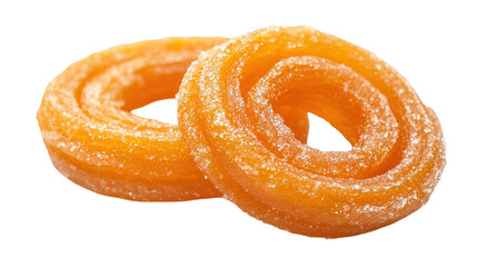 Fototapeta premium A photostock of spiral orange jalebis arranged on a plate, isolated on a white surface, sweet and festive, High Quality