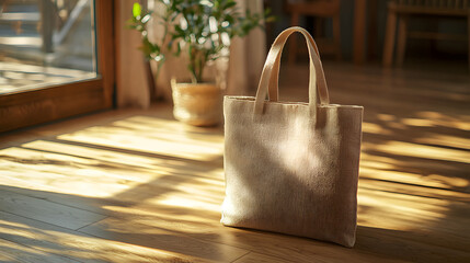 Eco-friendly beige tote bag with handles, showcased in soft sunlight