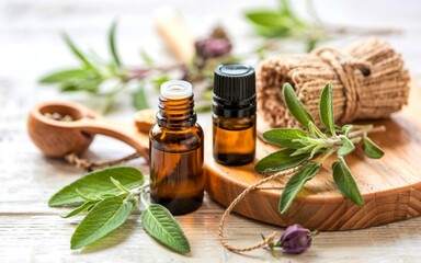 Closeup bottles of sage essential oil for aromatherapy with sage leaves on wooden background