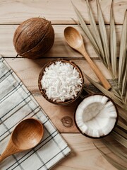 Coconut wooden spoon and bowl over wood texture concept