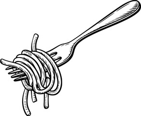 Hand drawn sketch of spaghetti pasta twirled on a fork isolated on a white background