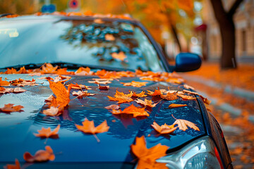 A car in autumn scenery, with bright fall leaves on its hood, showcasing a scenic forest reflection.