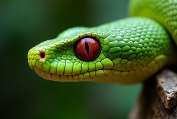 Fototapeta premium Close-up of Red-eyed Green Pit Viper Head Profile Exotic Snake