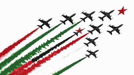 Libyan Air Force Jets Flying in Formation Red Green Black Smoke Trails National Day Celebration republic day