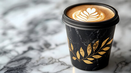  Elegant black disposable coffee cup with golden leaf design on a marble surface