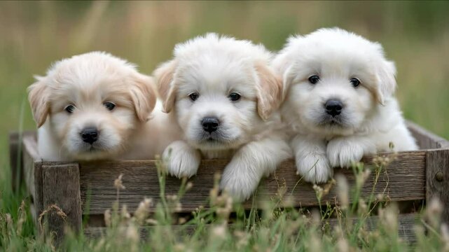 Adorable Golden Retriever Puppies Resting Comfortably Together in a Rustic Wooden Crate Outdoors