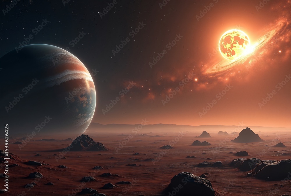 Wall mural exploring distant planet surface with emerging planet and glowing star