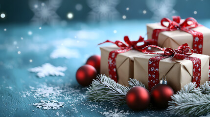  Elegant Christmas scene featuring beautifully wrapped gifts, ornaments, and white pine branches on a blue background