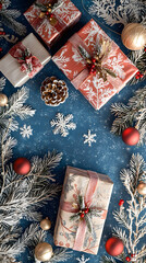 Elegant Christmas scene featuring beautifully wrapped gifts, ornaments, and white pine branches on a blue background