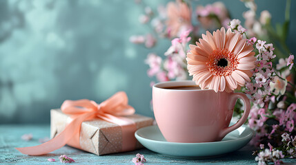 Elegant gift with a soft ribbon, a cup of coffee, and delicate flowers arranged on clean green and pink surfaces