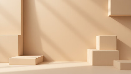 Abstract Geometric Stage: Minimalist composition featuring geometric shapes, with the soft play of shadows and a neutral color palette.