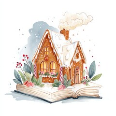 Gingerbread house emerging from storybook with chimney smoke and dreamy festive imagination, Watercolor Illustration