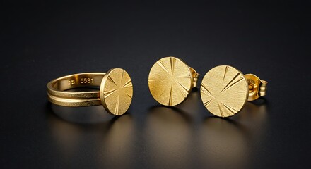 Elegant gold jewelry set: ring and earrings with radial pattern on black background